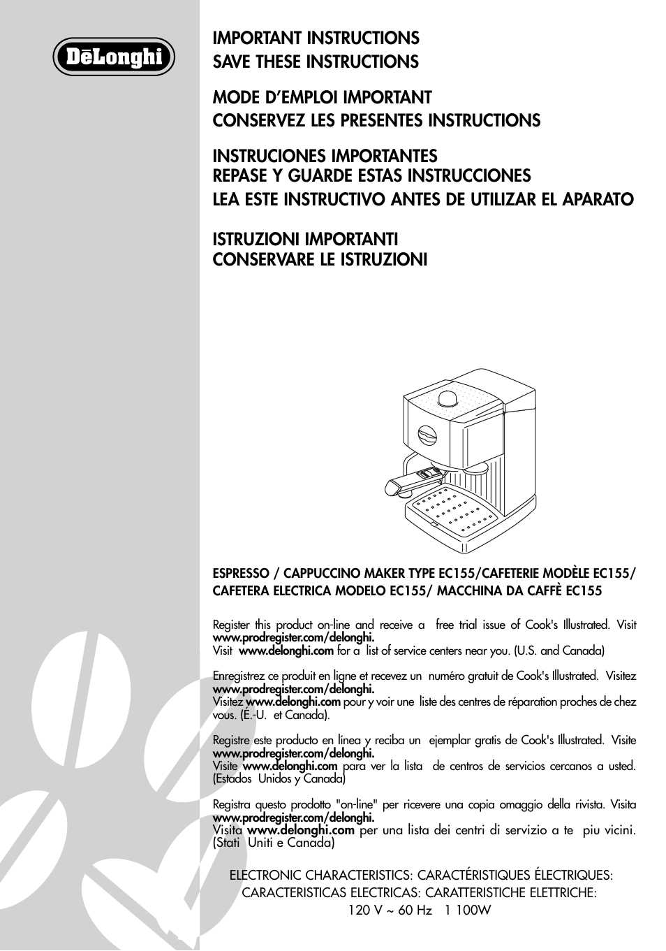 delonghi ec155 instruction manual