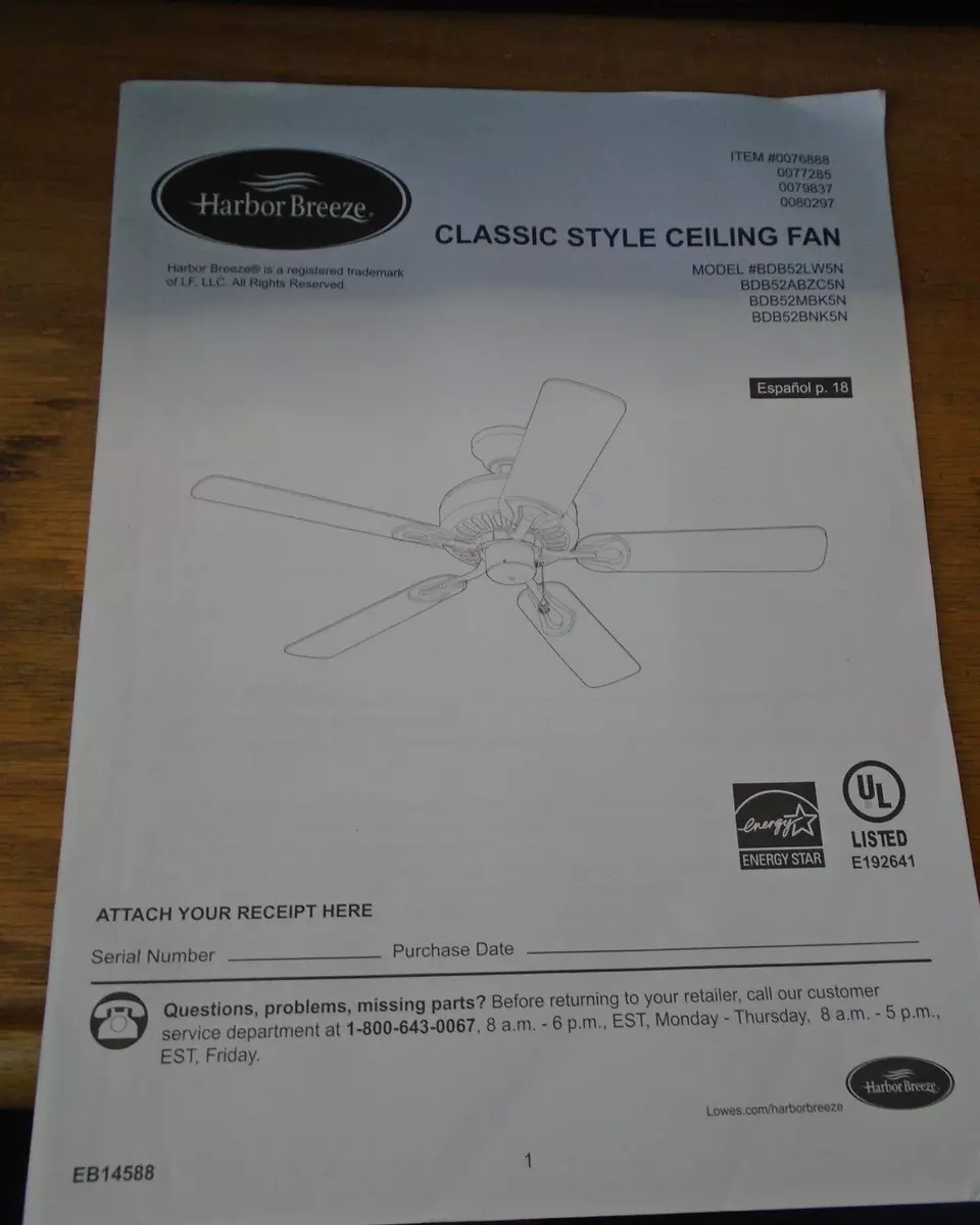 harbor breeze ceiling fan instruction manuals