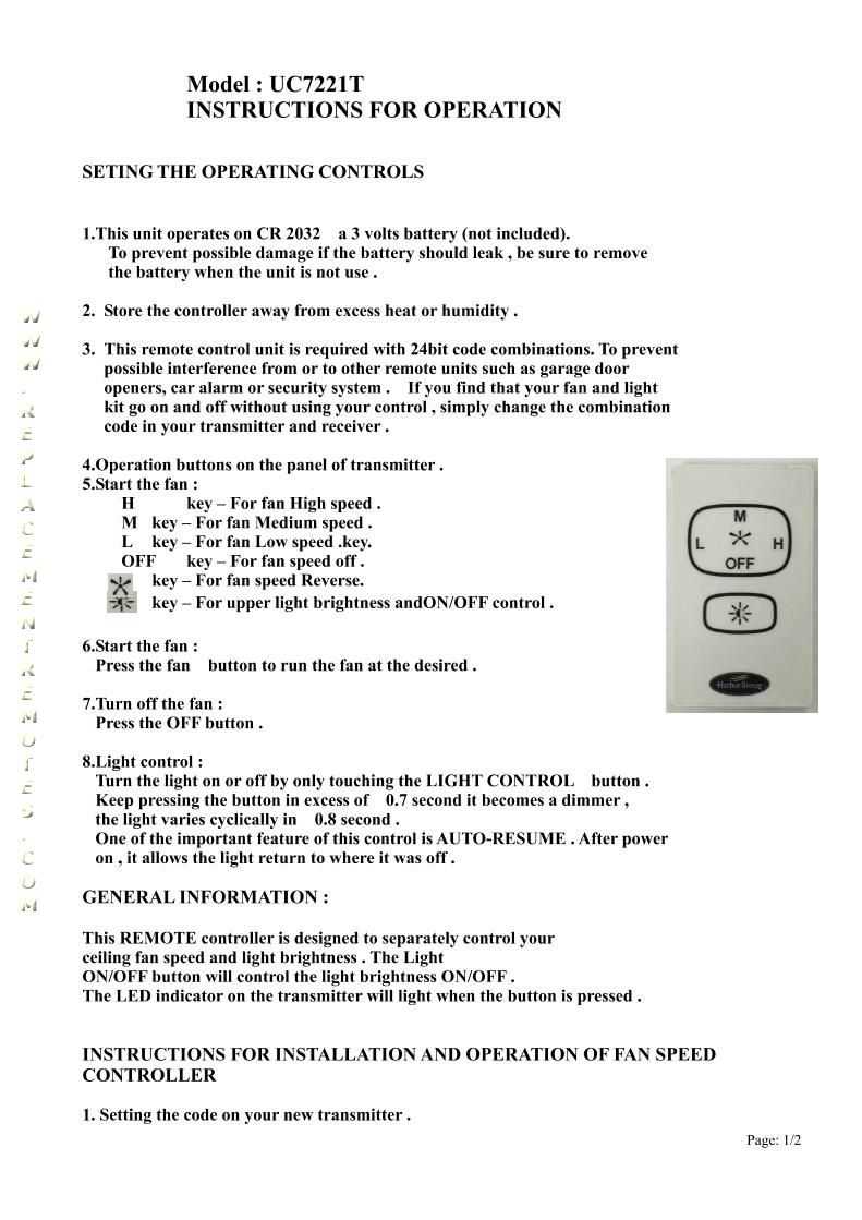 harbor breeze remote control instruction manual